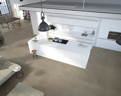 Cozinha integrada com piso de porcelanato